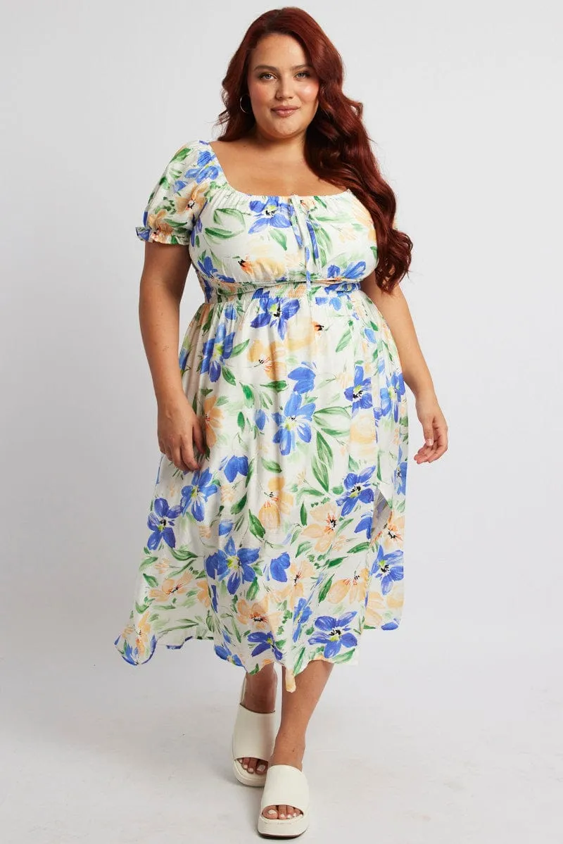 White Floral Midi Dress Short Sleeve Ruched Bust Photo Spot