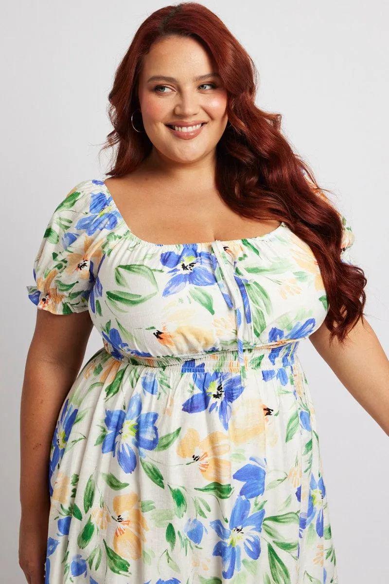 Stylish Essentials Bird Call White Floral Midi Dress Short Sleeve Ruched Bust