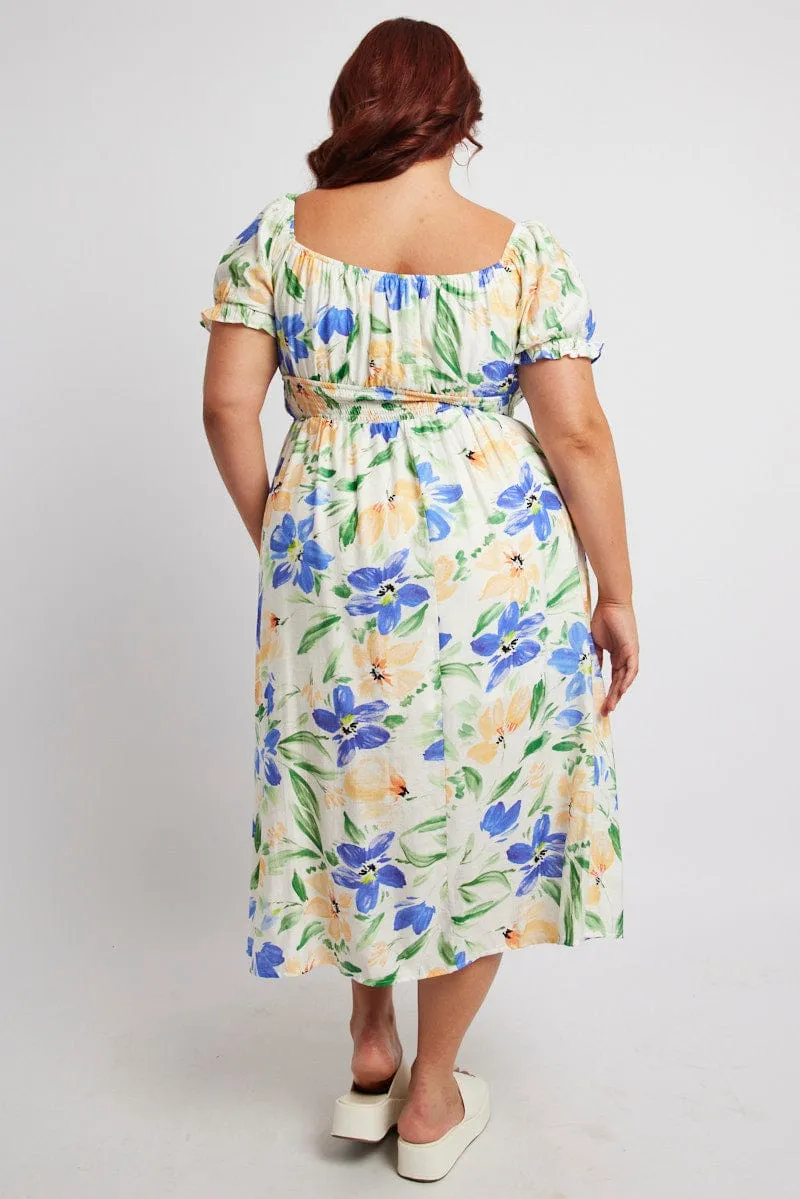 Earth Smell White Floral Midi Dress Short Sleeve Ruched Bust