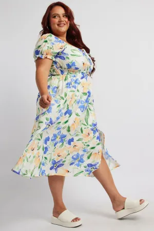 White Floral Midi Dress Short Sleeve Ruched Bust Polished Ease Statement pattern knee-length dress
