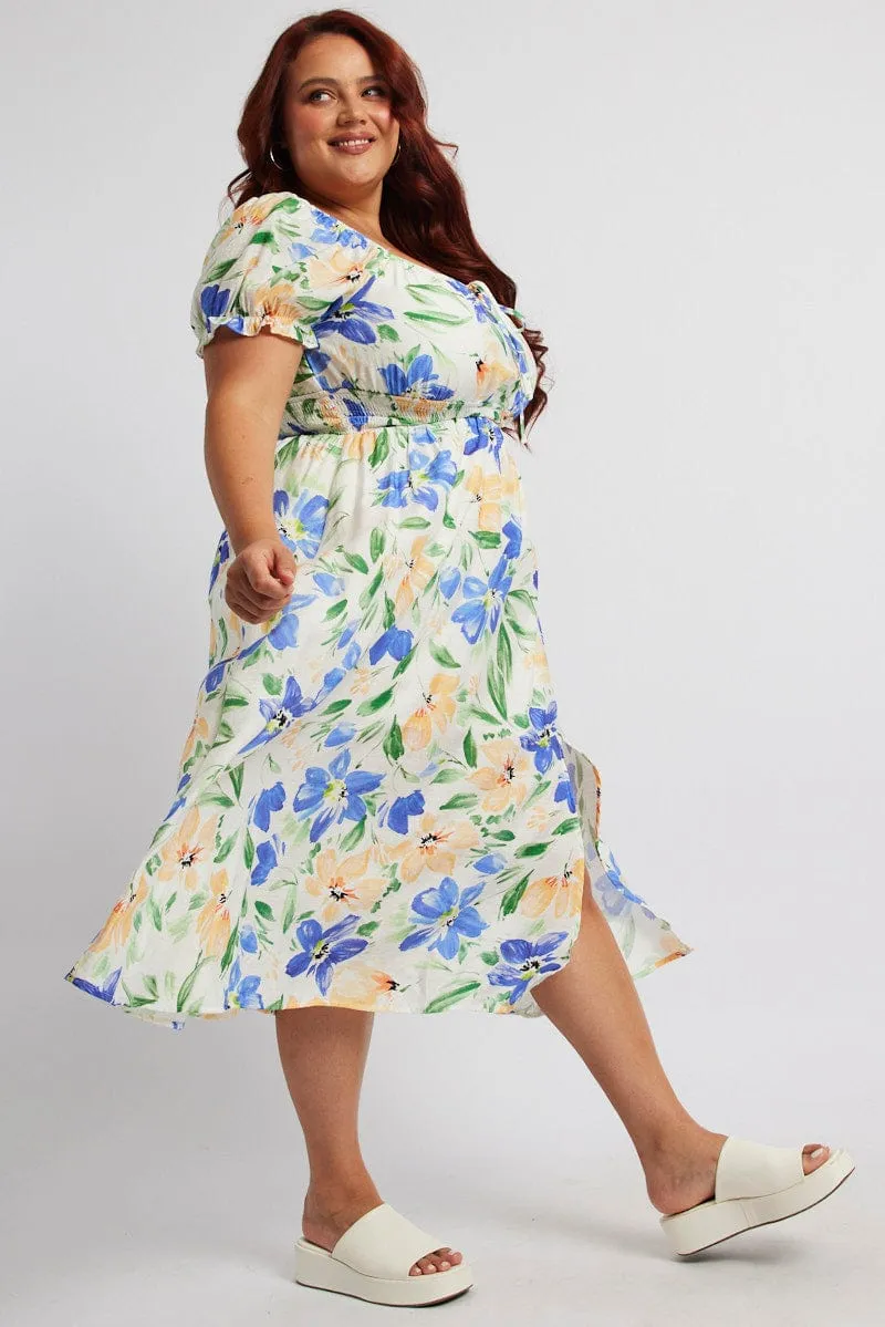 White Floral Midi Dress Short Sleeve Ruched Bust Polished Ease Statement pattern knee-length dress