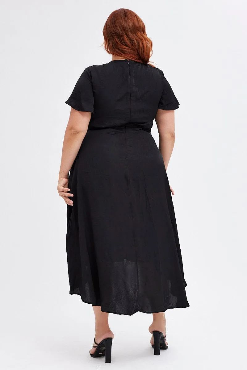 Black Midi Dress Short Sleeve Tie Back Satin warm glow