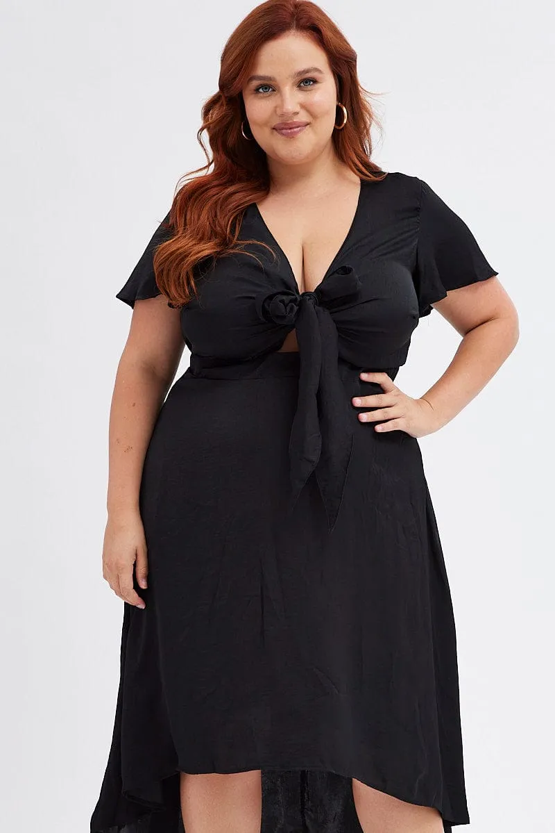 Black Midi Dress Short Sleeve Tie Back Satin Velvet Smooth