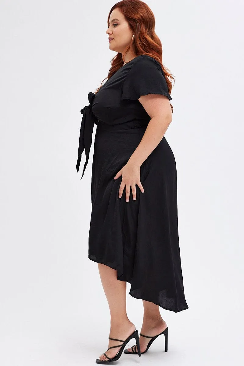Black Midi Dress Short Sleeve Tie Back Satin Day To Night Trail Walk