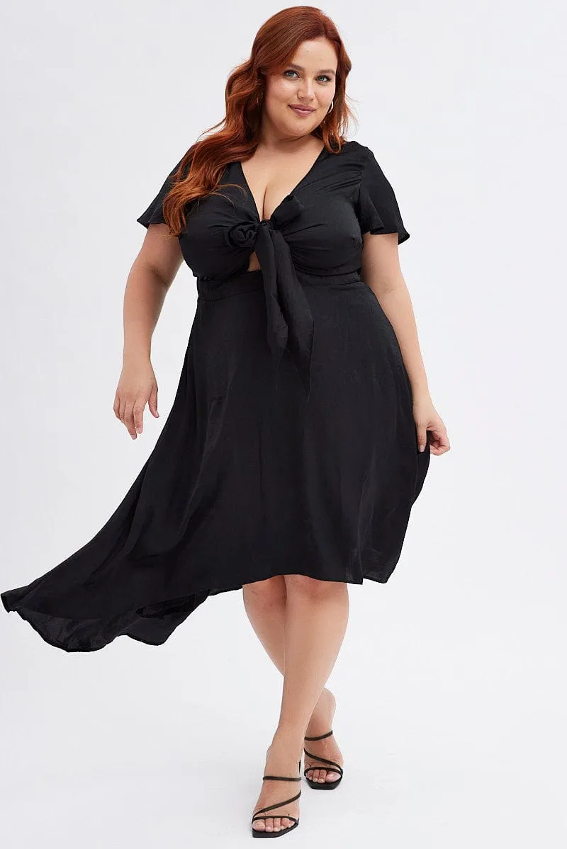 Classic Design Black Midi Dress Short Sleeve Tie Back Satin