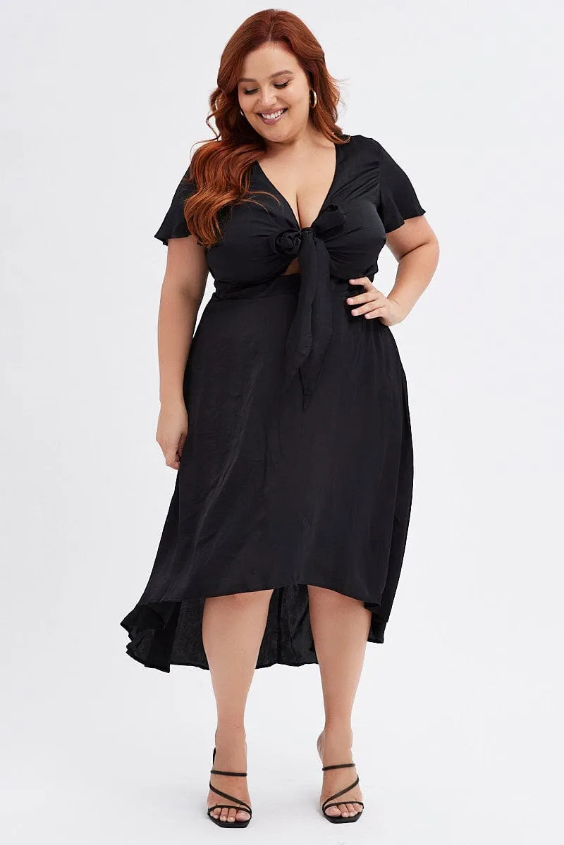 Black Midi Dress Short Sleeve Tie Back Satin Comfortable Cut