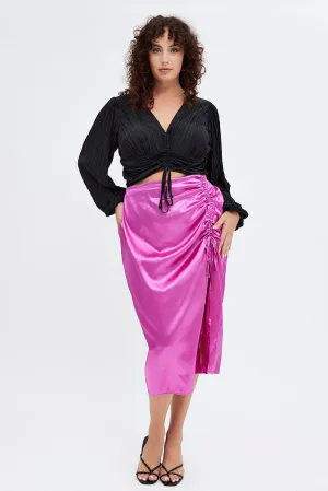 Refined Sophistication Pink Midi Skirt Drawstring Satin Split