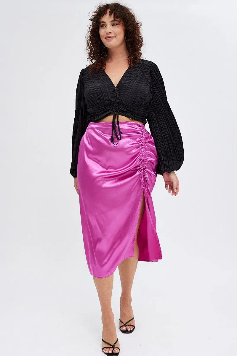 Pink Midi Skirt Drawstring Satin Split Affordable Fashion Soft Aesthetic
