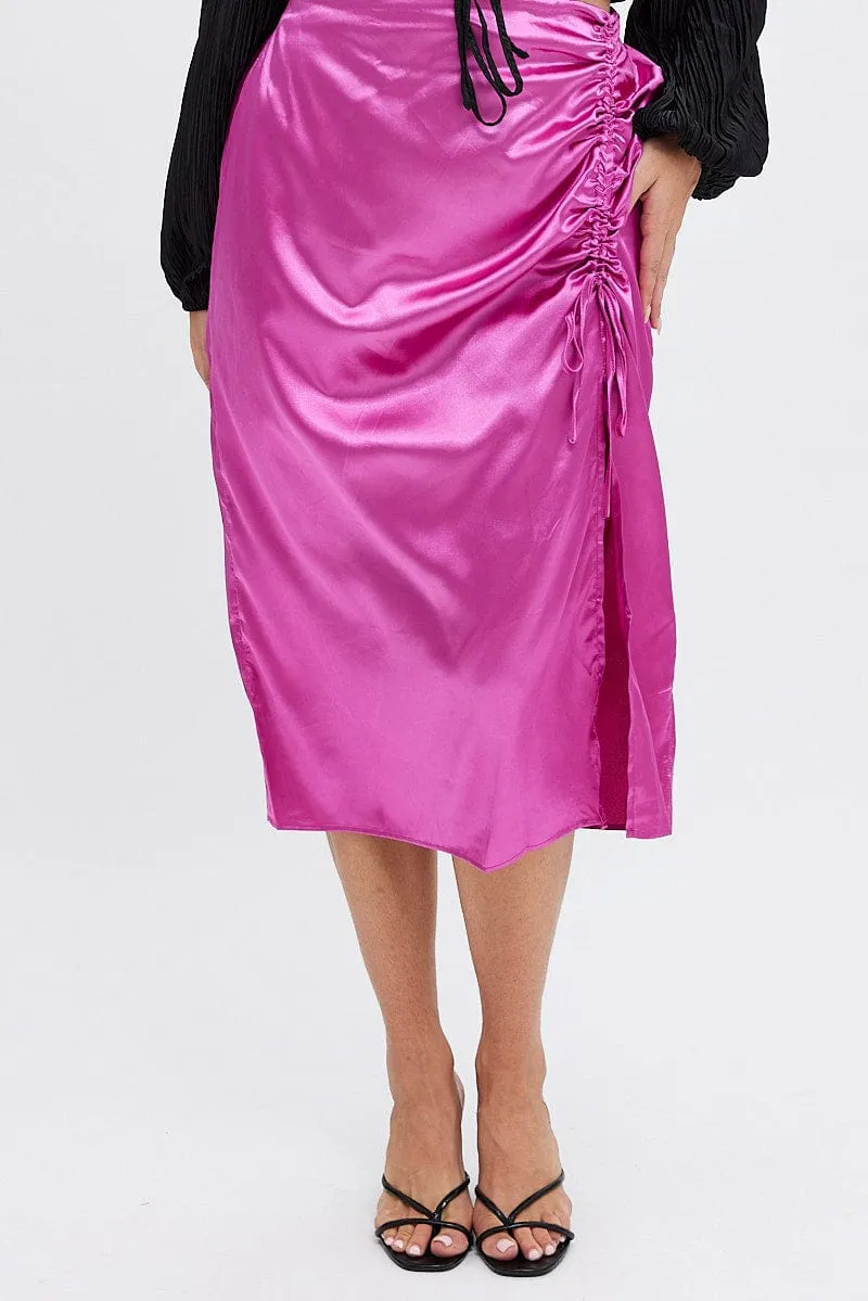 Breezy Edge Pink Midi Skirt Drawstring Satin Split
