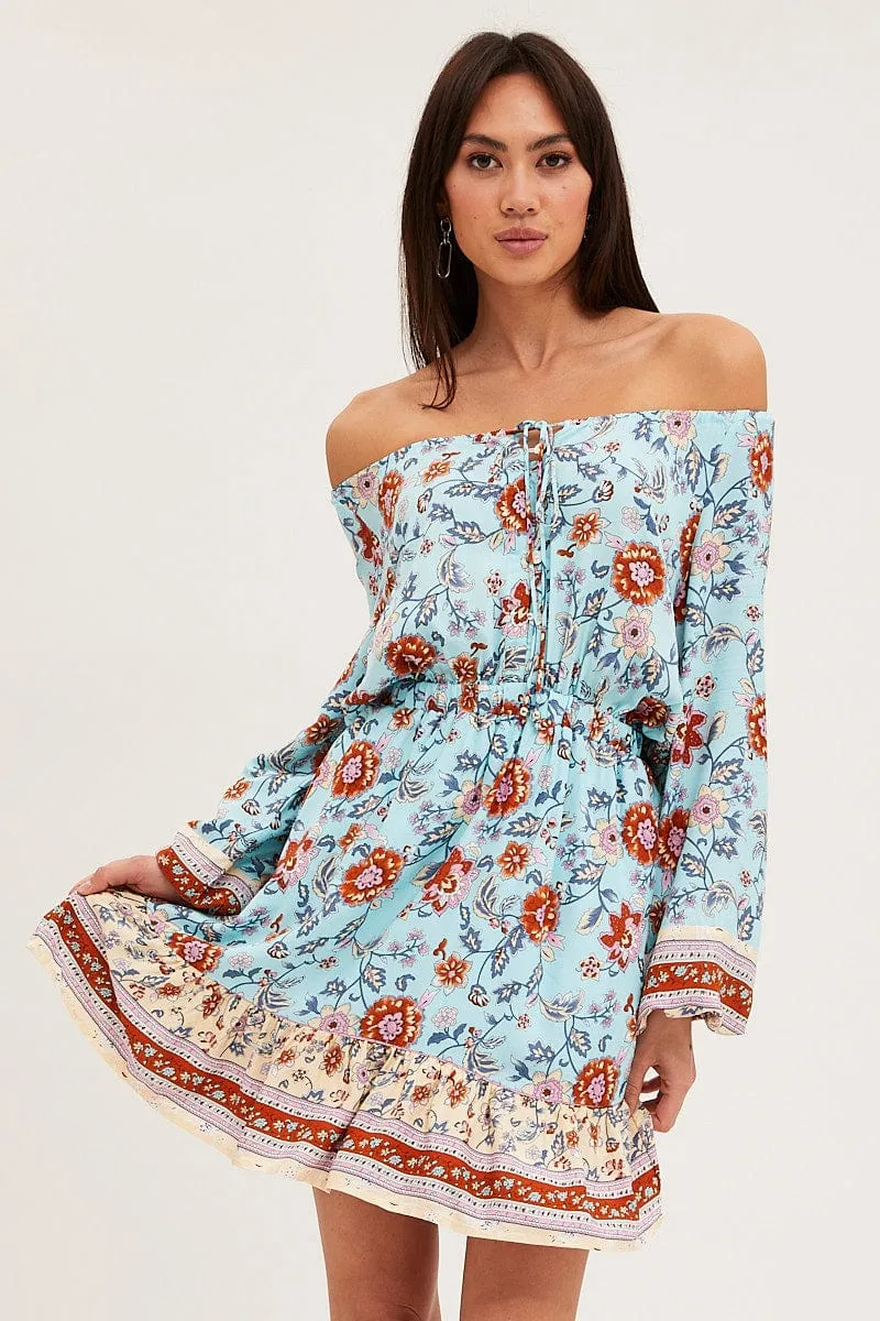Myth Glow Boho Print Skater Dress Long Sleeve Mini