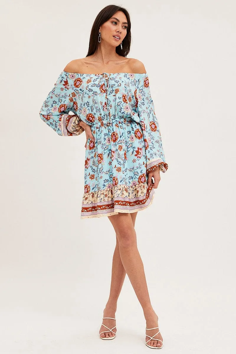 Boho Print Skater Dress Long Sleeve Mini Net Fit