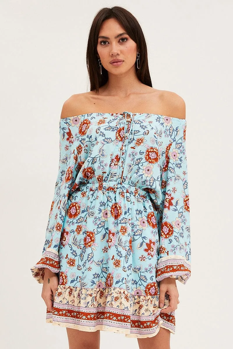 Boho Print Skater Dress Long Sleeve Mini Hero Mode