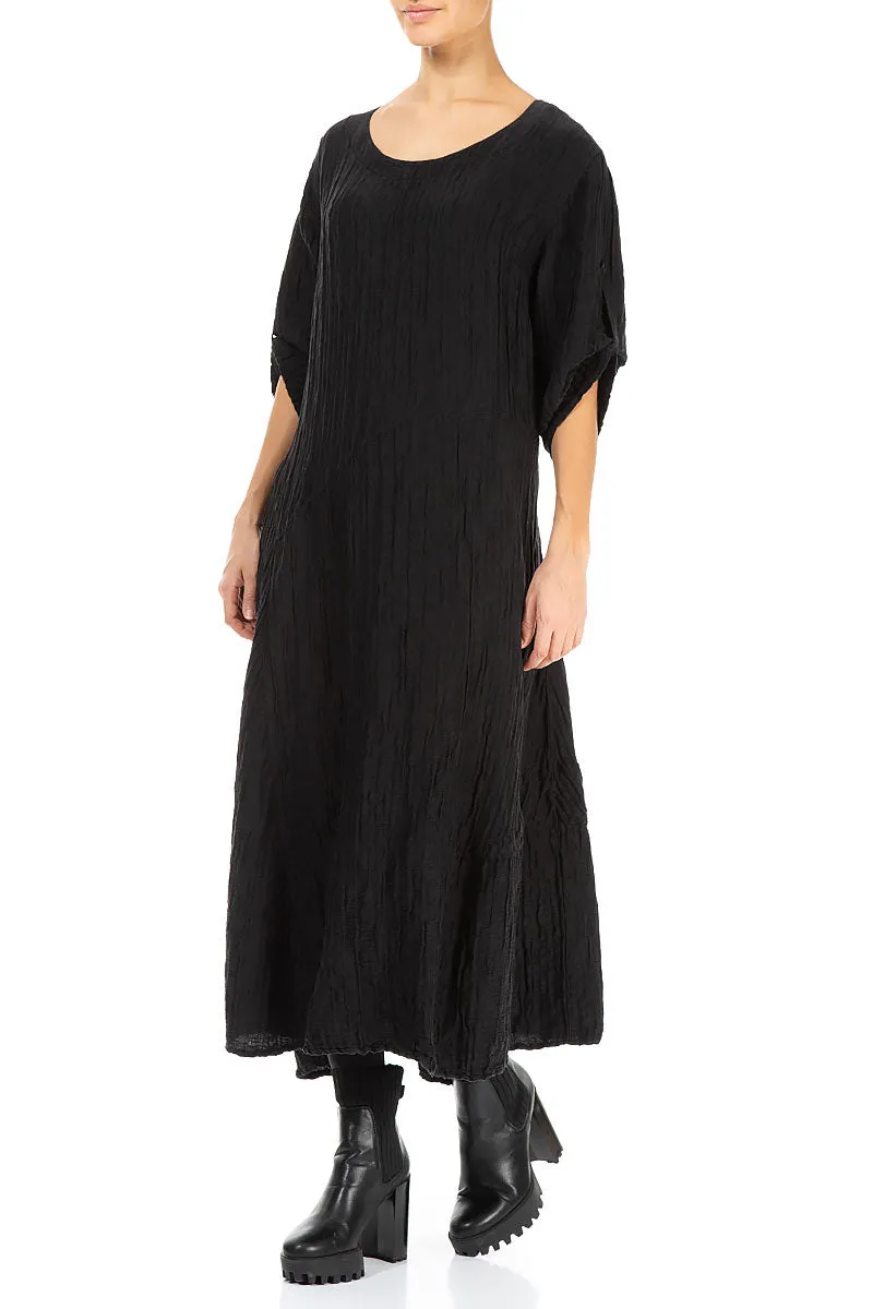 simple design Flared Black Crinkled Silk Linen Dress