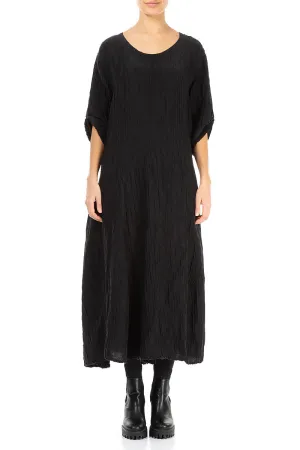Busy Glow Gym Safe Flared Black Crinkled Silk Linen Dress