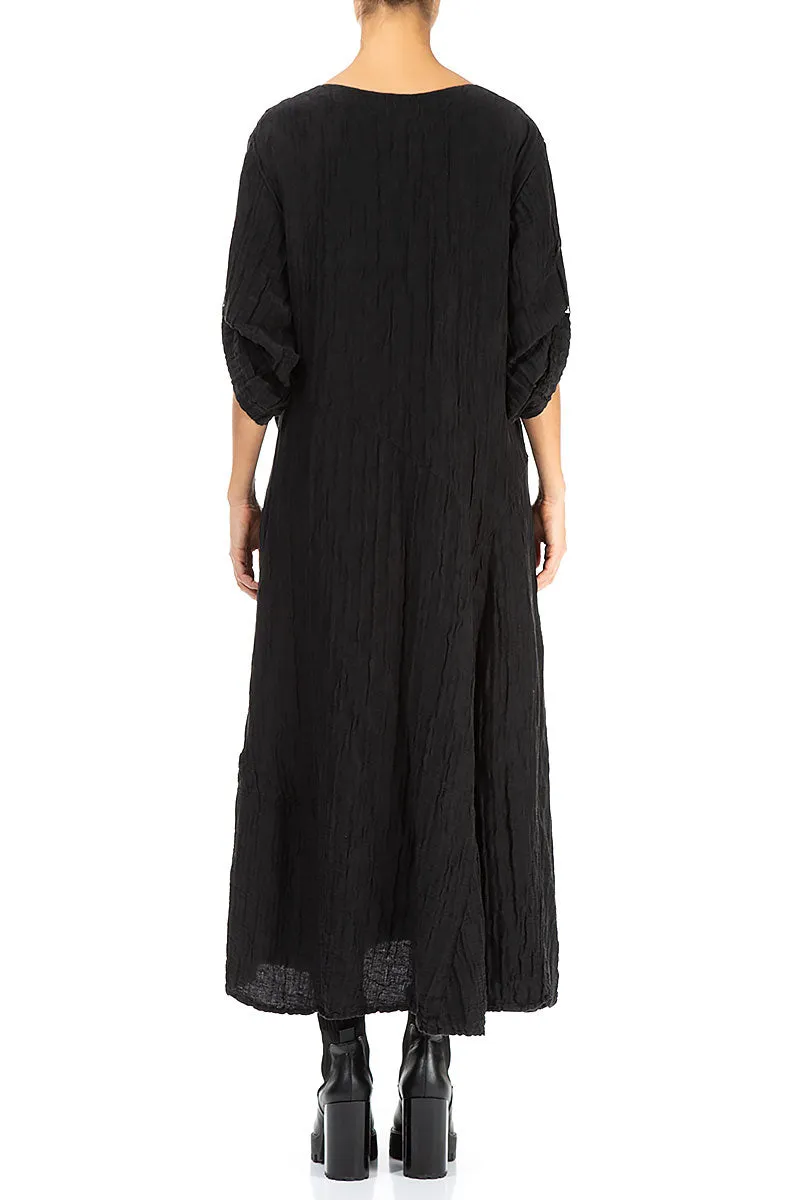 AdaptiveFit Club Mode Flared Black Crinkled Silk Linen Dress