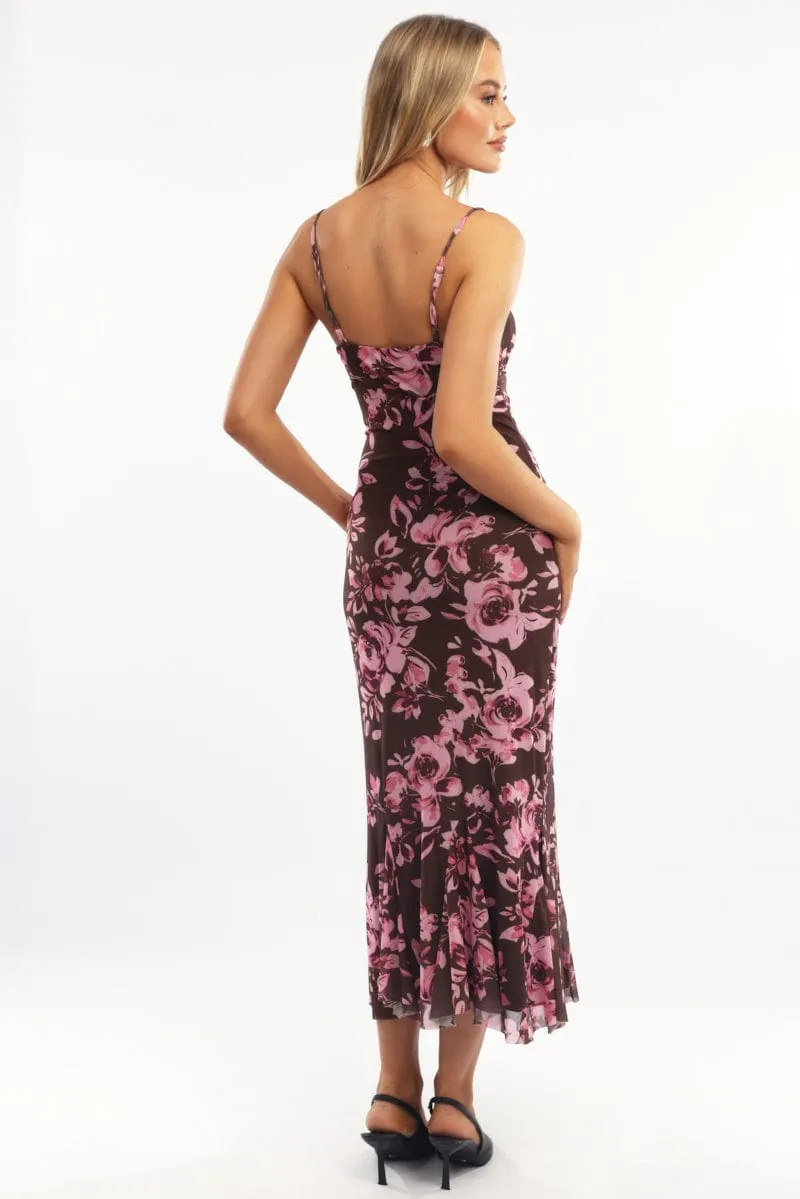 WrinkleResistant Fabric Multi Floral Bodycon Dress Midi