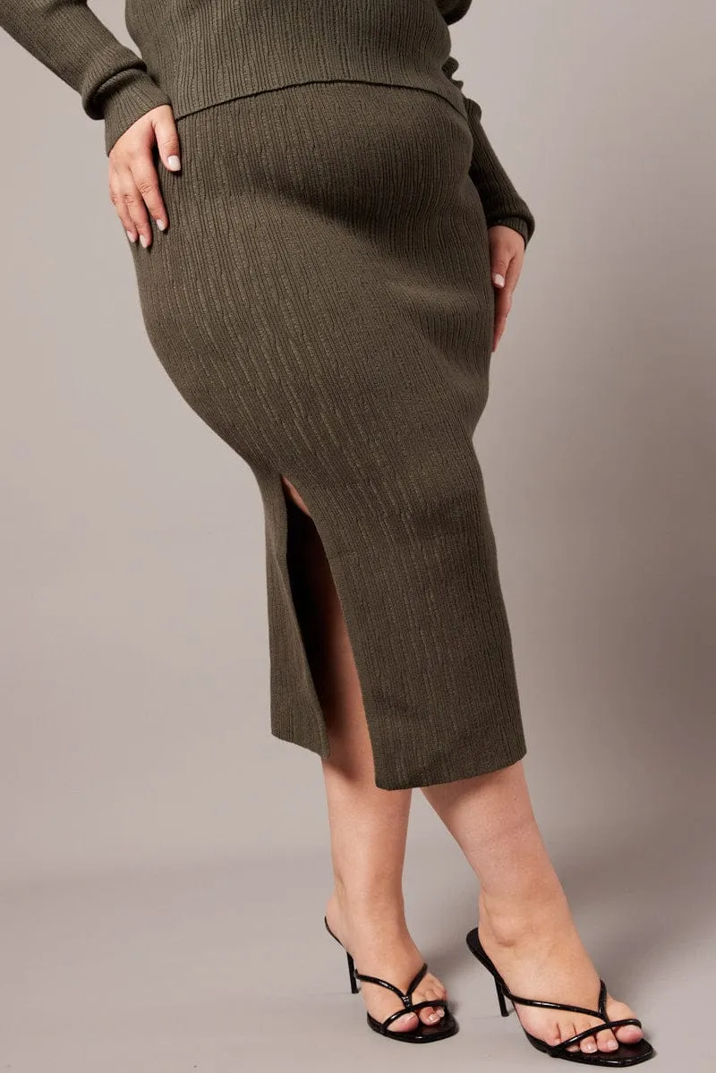Green Rib Knit Midaxi Bodycon Skirt Photoshoot Ready Classic Mood