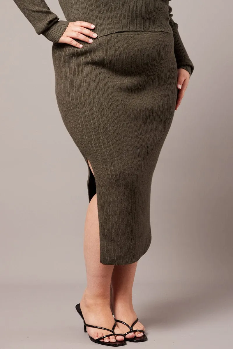 Green Rib Knit Midaxi Bodycon Skirt Summer Outfit