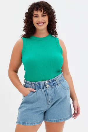 Green Tank Top Sleeveless Crew Neck Casual Sweater