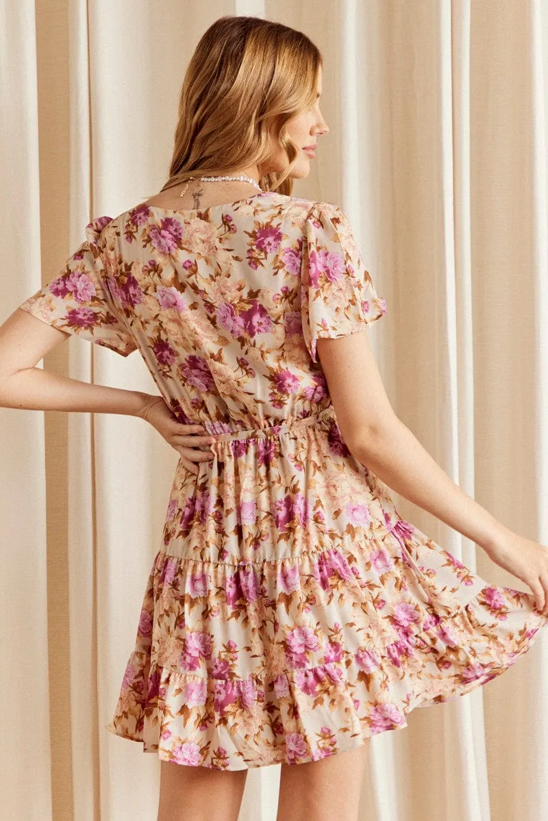 Pink Floral Fit And Flare Dress Short Sleeve Wrap Chiffon Relaxing Design AntiPillingFabric