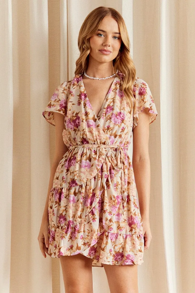 Pink Floral Fit And Flare Dress Short Sleeve Wrap Chiffon Joyful Mood