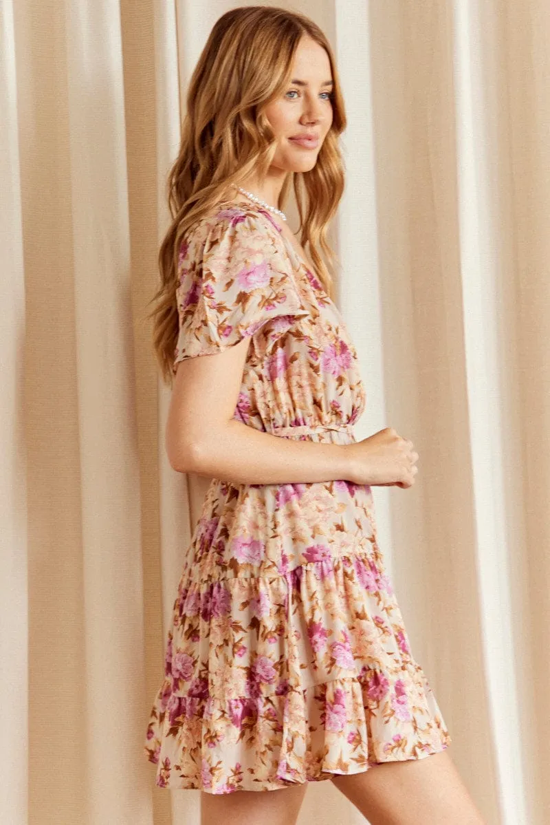 Simple Dress Pink Floral Fit And Flare Dress Short Sleeve Wrap Chiffon