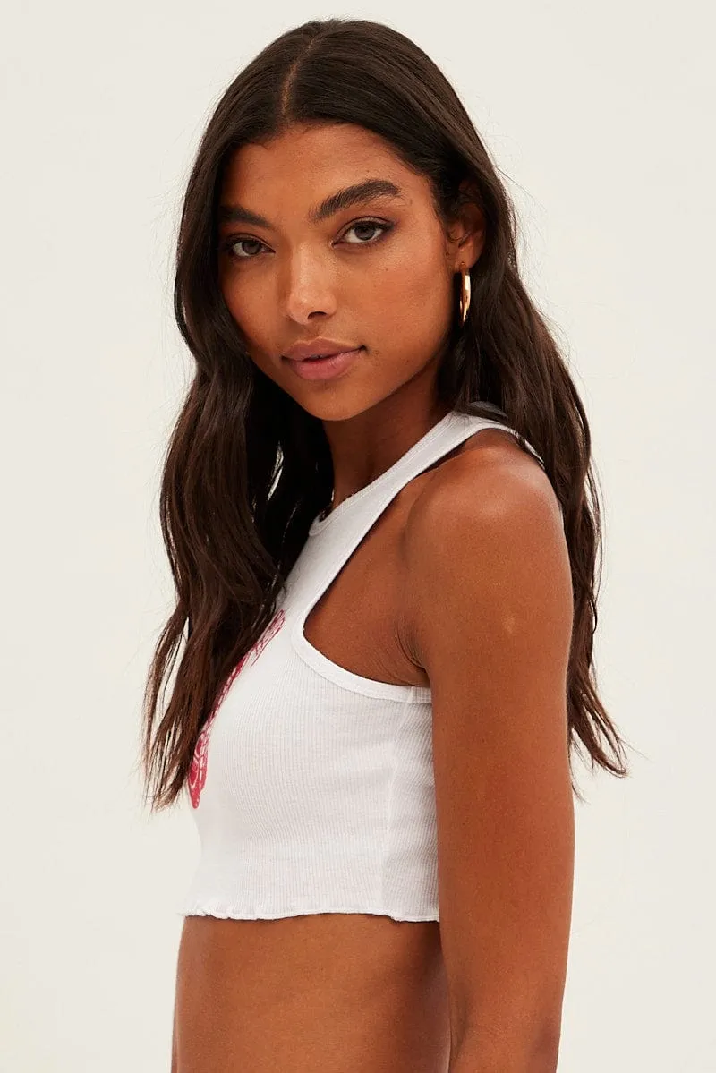 White Tank Round Neck Embroidery Lettuce Edge Cotton Rib TemperatureControlTechnology