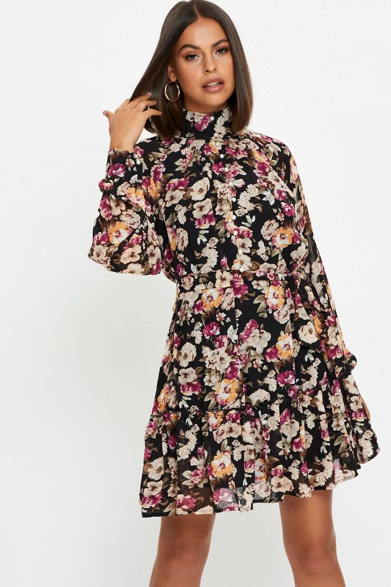 Party Snap Foldable Design Print Mini Dress Long Sleeve