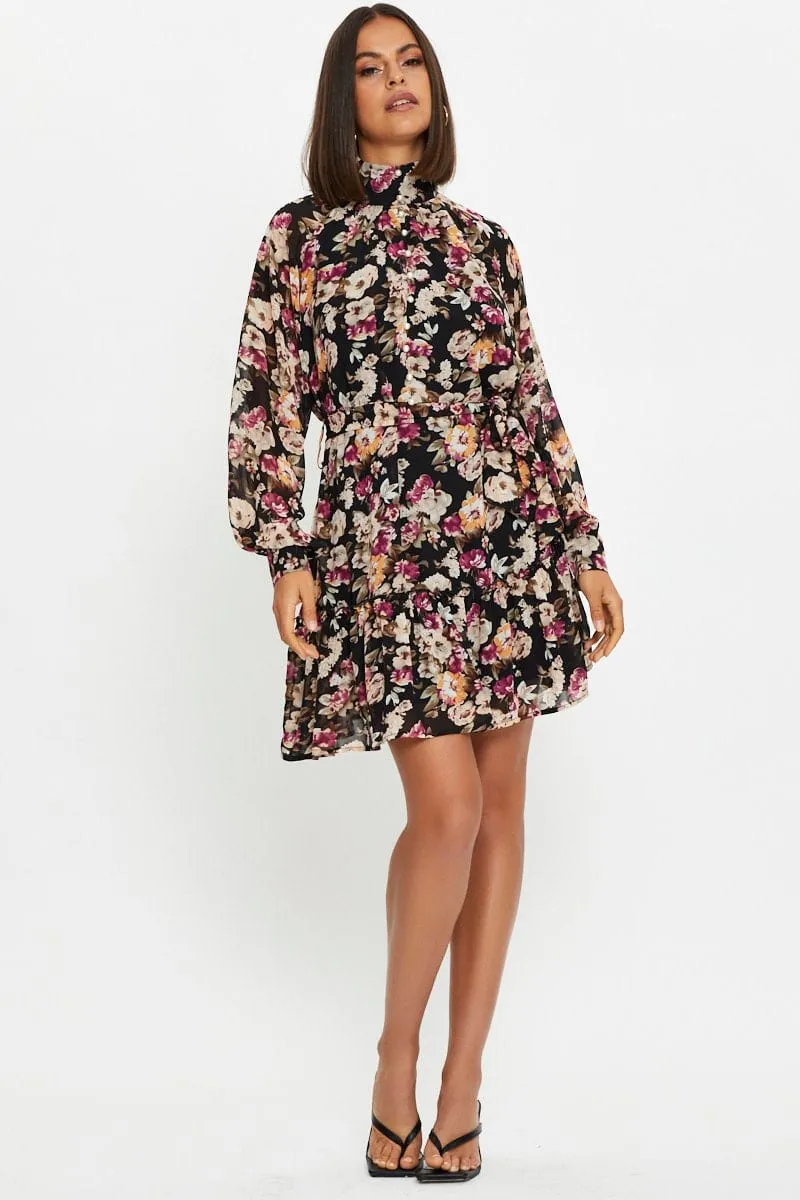 HighElasticity Print Mini Dress Long Sleeve