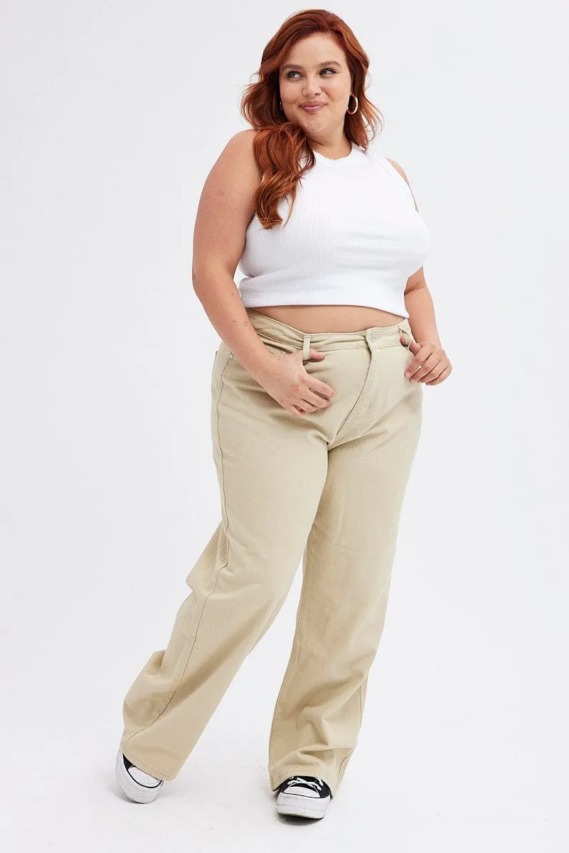 Unisex Wear Elegant Vintage Lover Beige Wide Leg Denim Jeans High Rise