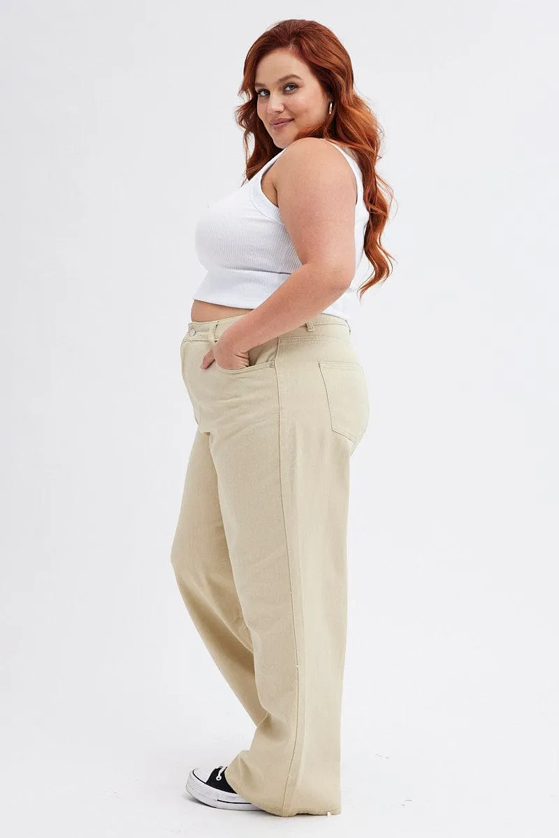 Beige Wide Leg Denim Jeans High Rise Non Restrictive Thigh Office Wear Modern