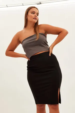 Black Midi Skirt Rib Textured Jersey Elastic Waist Tiered Design Daytime Look