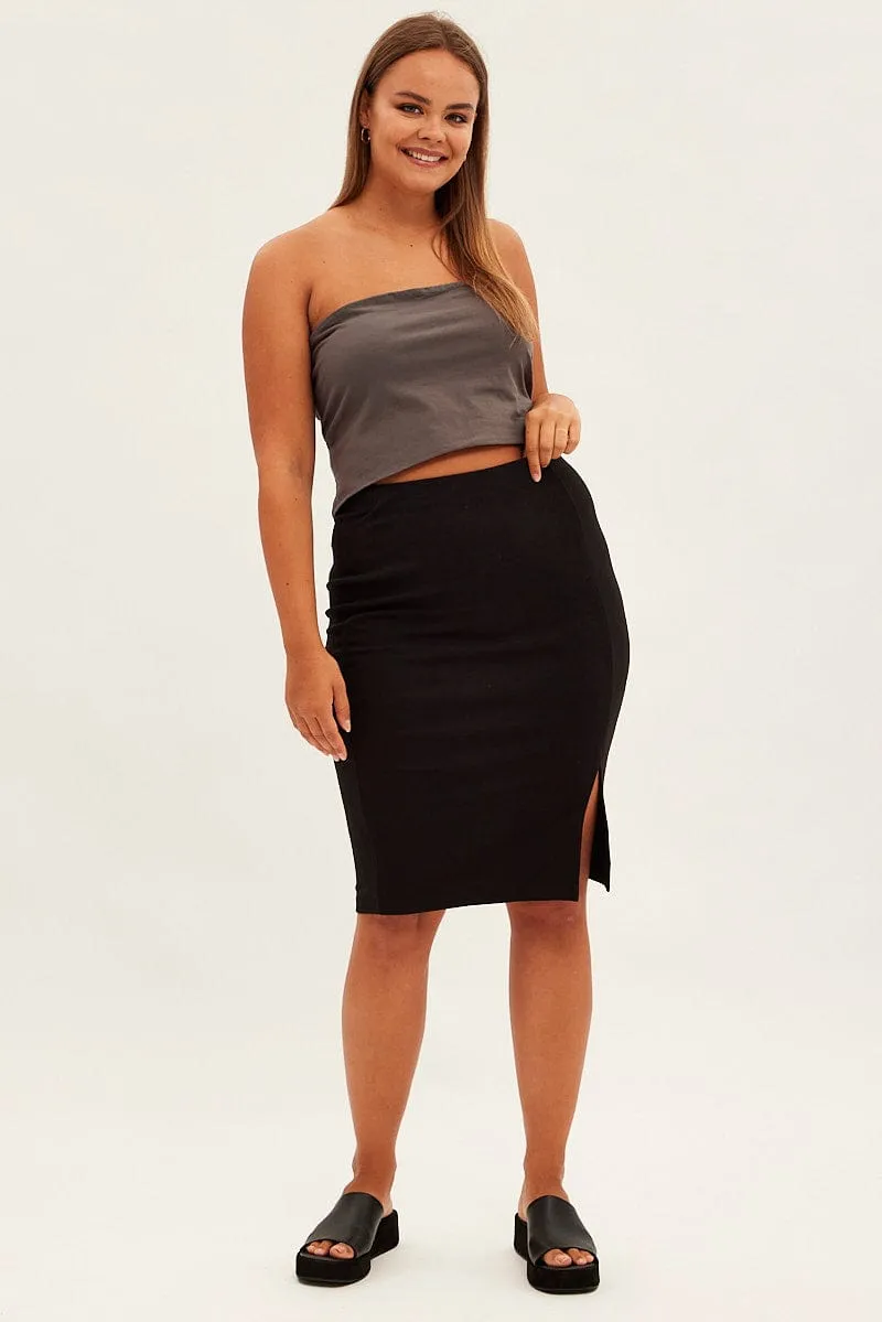 Adjustable Waist Black Midi Skirt Rib Textured Jersey Elastic Waist