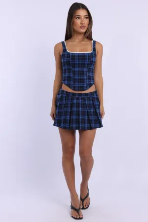 Split hem Daily Wear Blue Check Mini Skirt Skort Mid Rise Pleated Stretch Lining