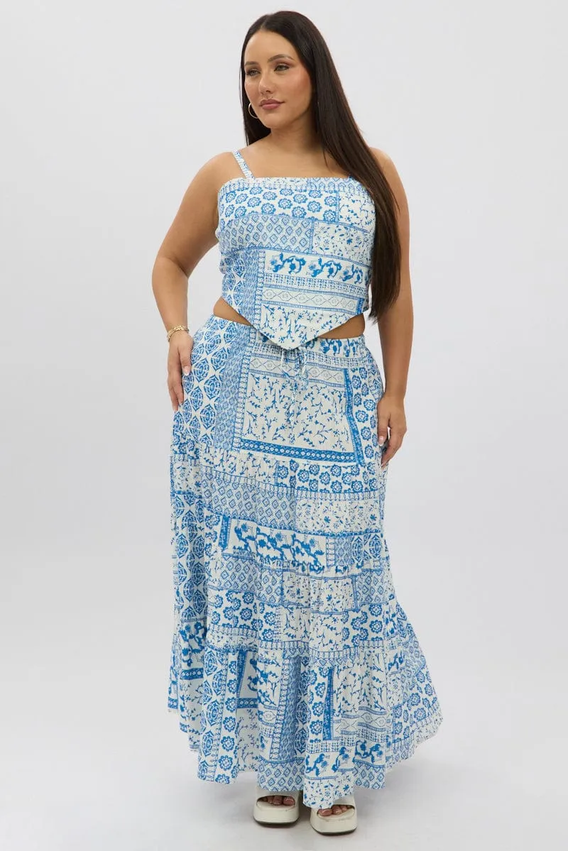 White Boho Elastic Waist Linen Blend Tiered Maxiskirt Versatile Wear