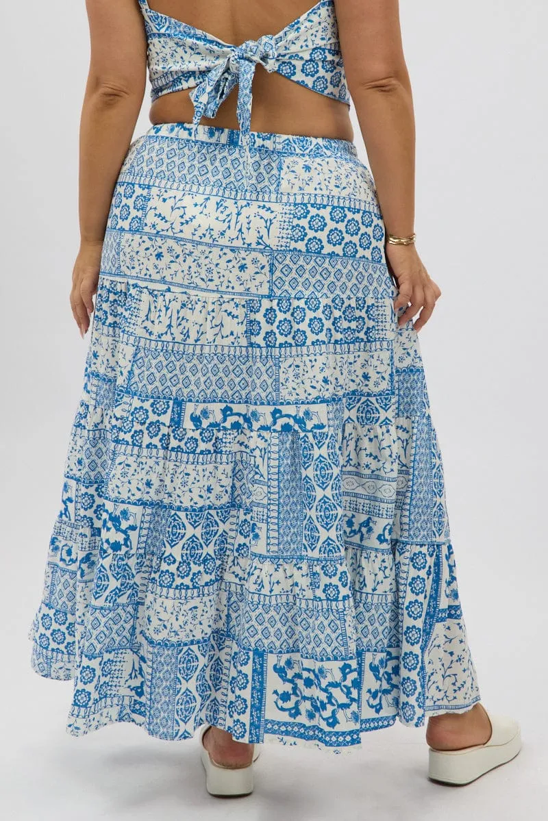 Contemporary Design White Boho Elastic Waist Linen Blend Tiered Maxiskirt