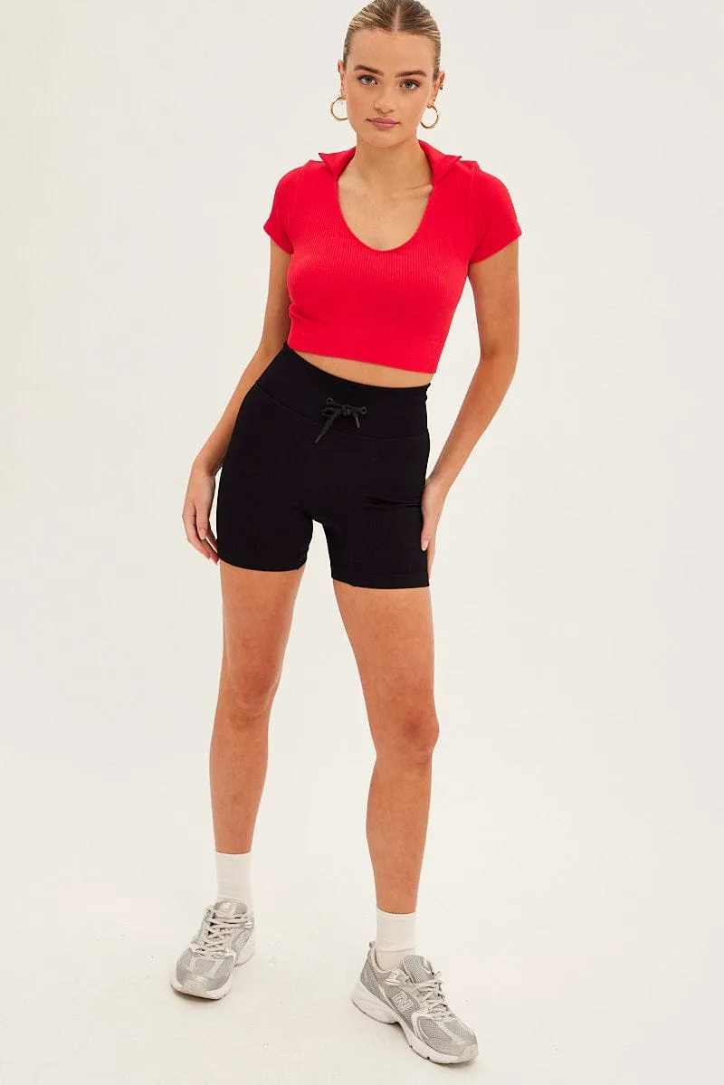 PillingResistant DurableCoverstitch Red Collar Top Short Sleeve Seamless