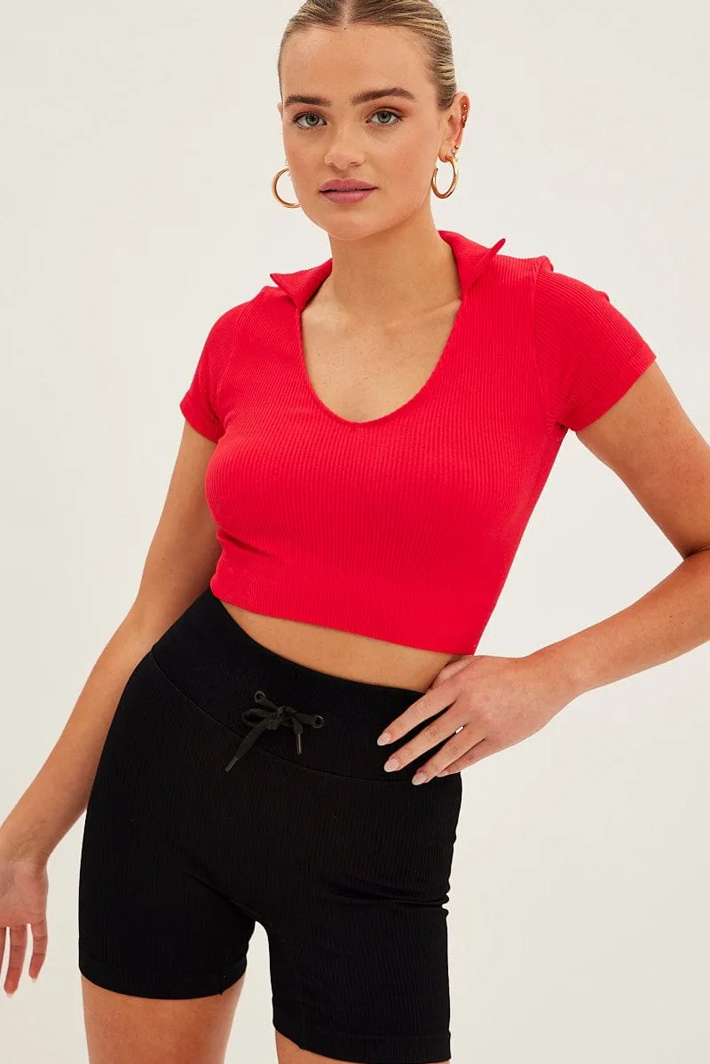 Feather Glow Sustainable Base Red Collar Top Short Sleeve Seamless