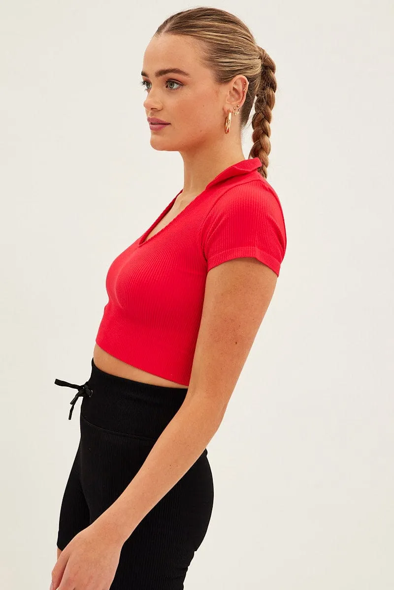Essential Shirt Red Collar Top Short Sleeve Seamless
