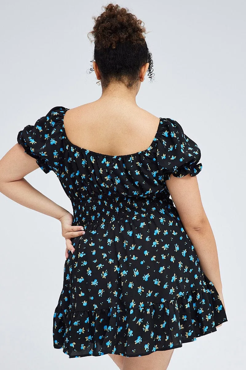 City Beat Black Ditsy Mini Dress Puff Sleeve Gather Detail