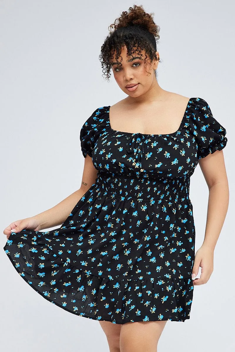 All Season Wear Black Ditsy Mini Dress Puff Sleeve Gather Detail