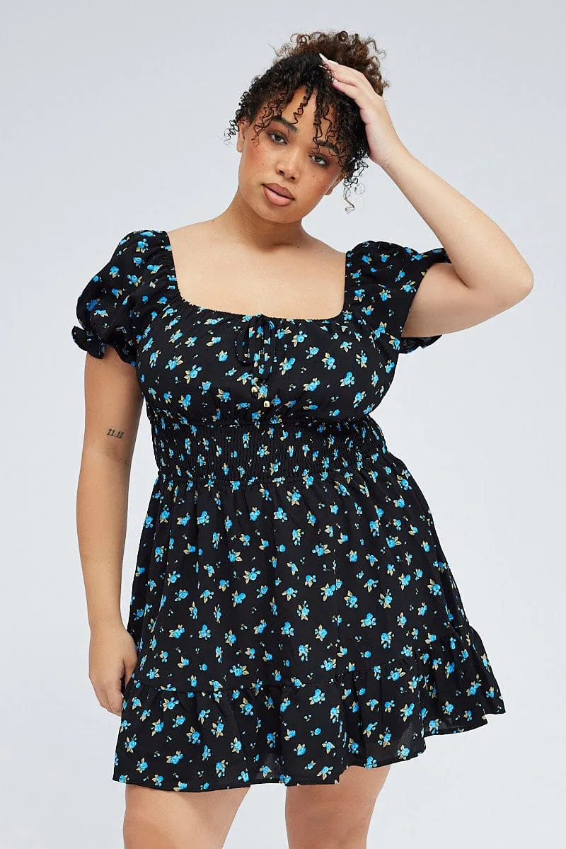 Black Ditsy Mini Dress Puff Sleeve Gather Detail Heat Scene Urban Chic