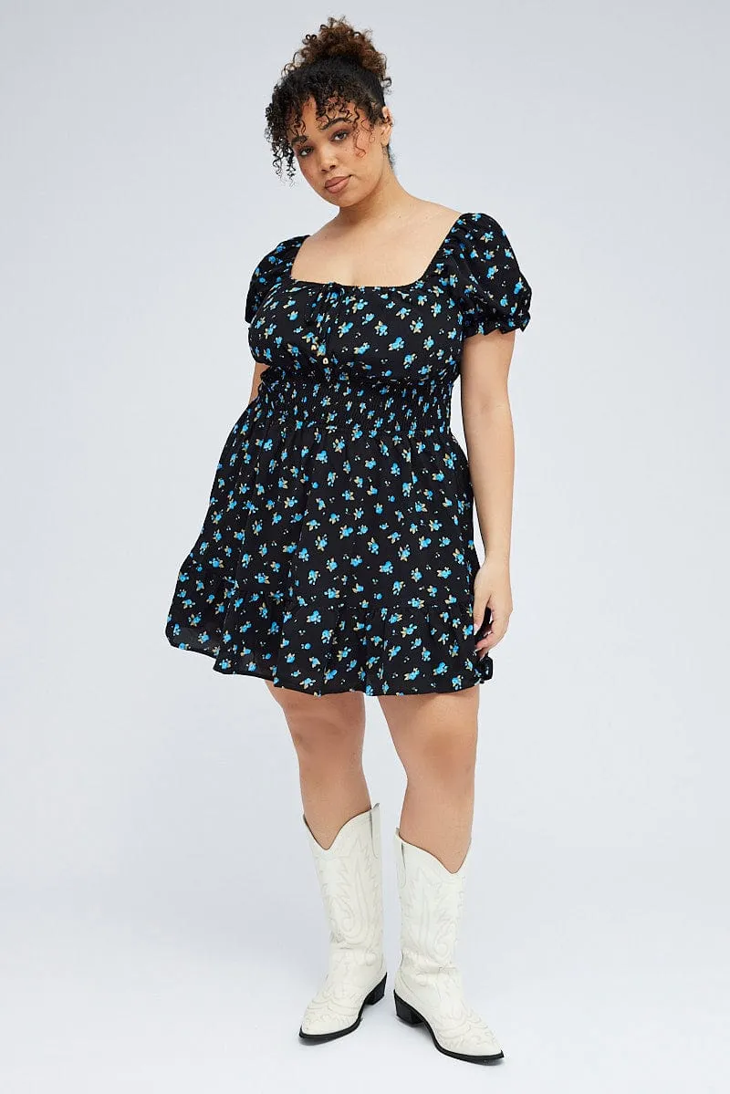 Black Ditsy Mini Dress Puff Sleeve Gather Detail Hot Warm Scene Flash