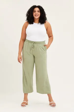 Green High Rise Linen Blend Paper Bag Wide Leg Pants Water resistant coating TaperedLeg