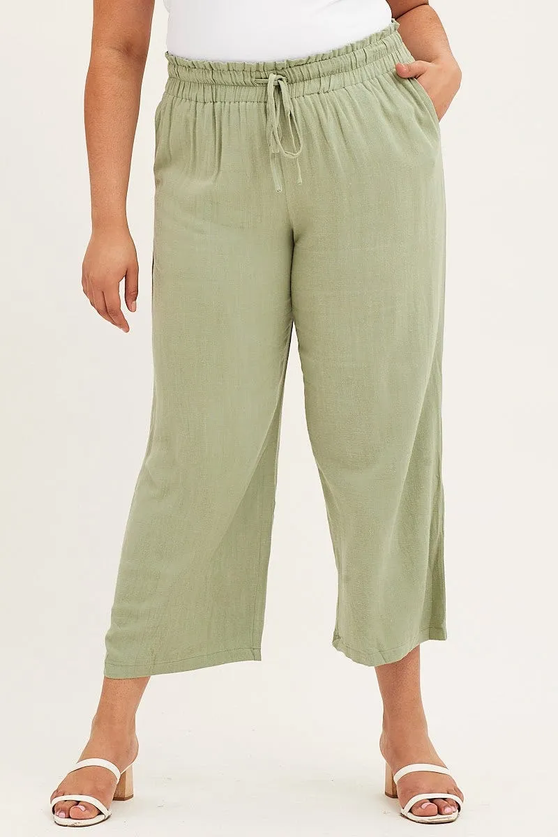Comfort Layer Wear Green High Rise Linen Blend Paper Bag Wide Leg Pants