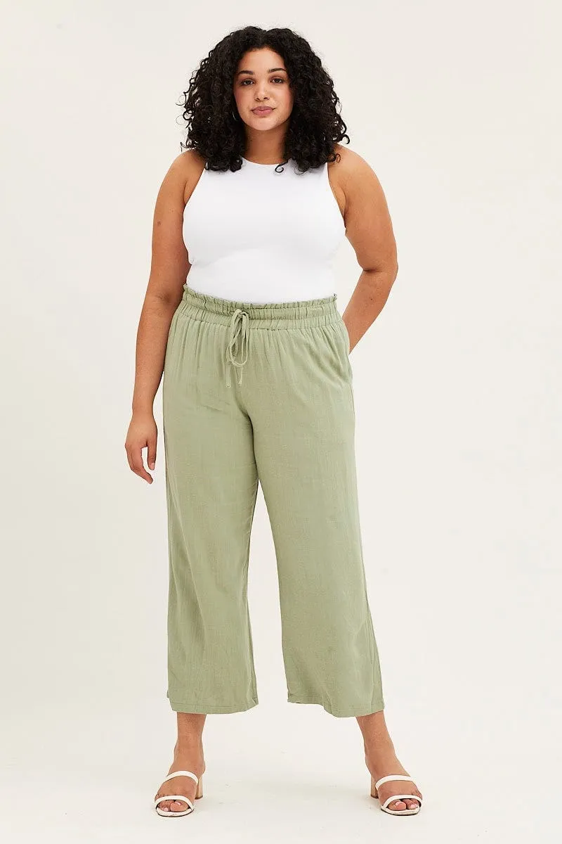 Green High Rise Linen Blend Paper Bag Wide Leg Pants Denim finish