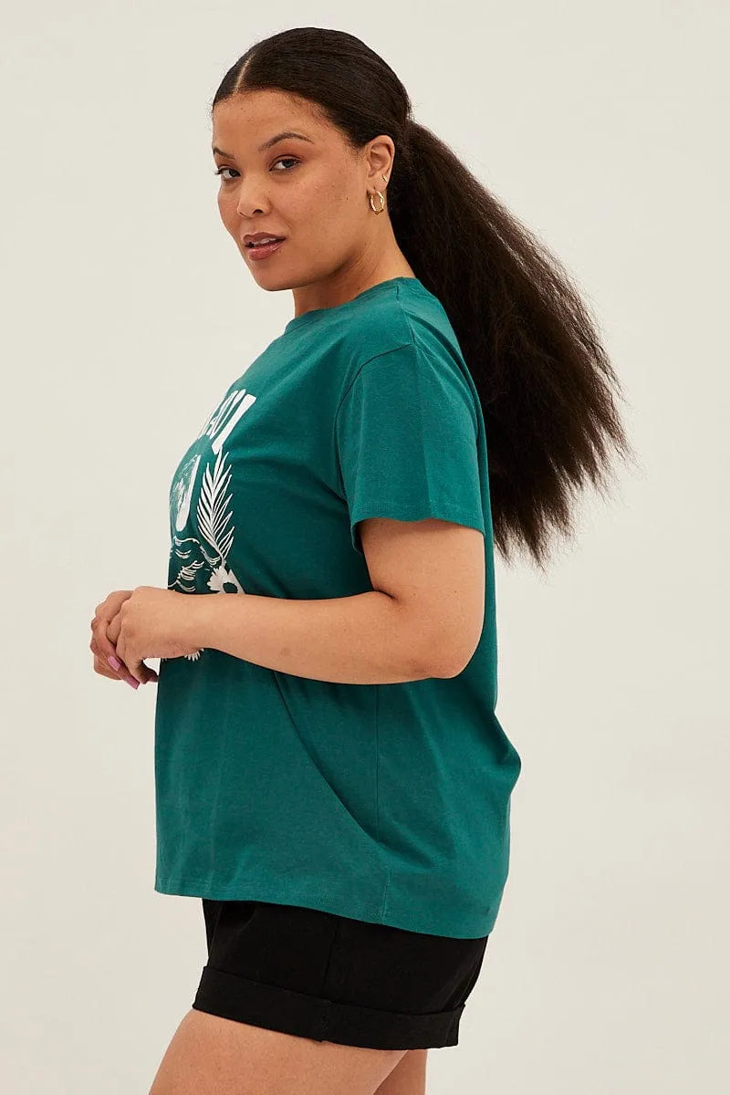 Sporty Style Green Graphic T-shirt Maui Cotton