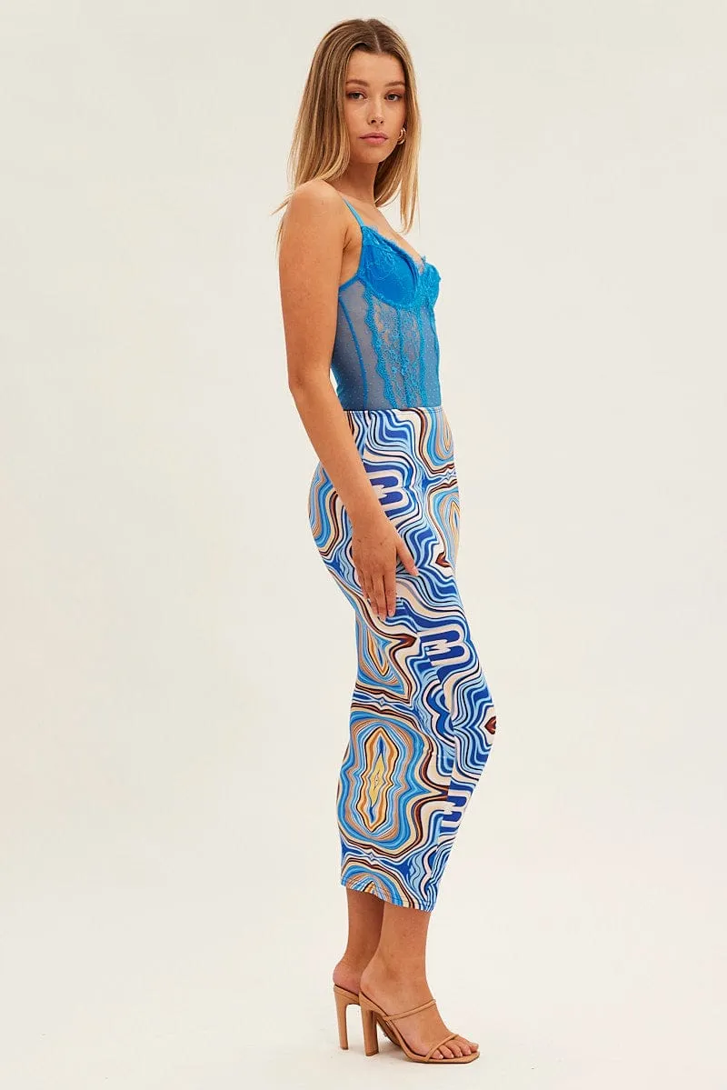 Low Rise Blue Abstract Abstract Midi Skirt
