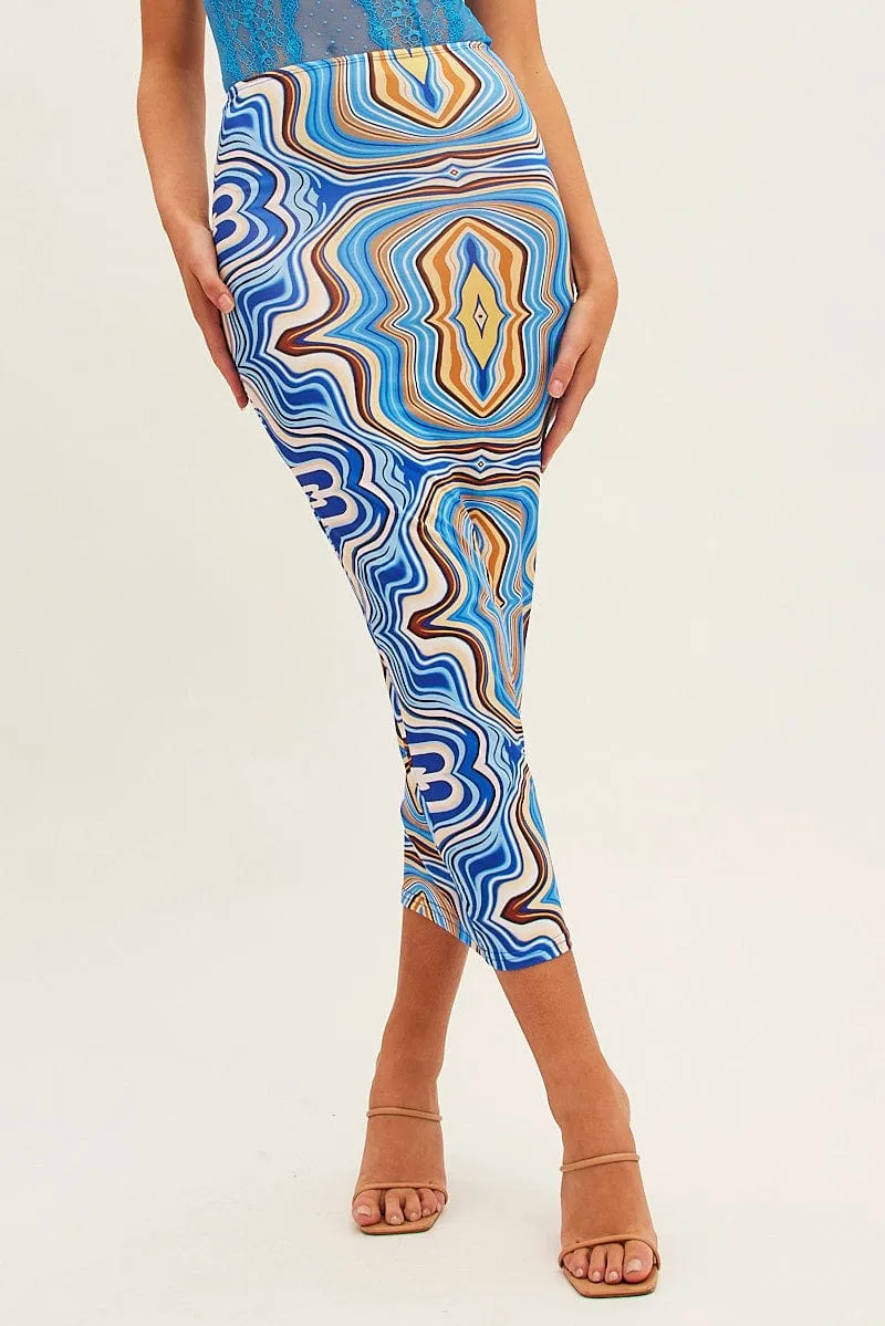 Street Attire Blue Abstract Abstract Midi Skirt