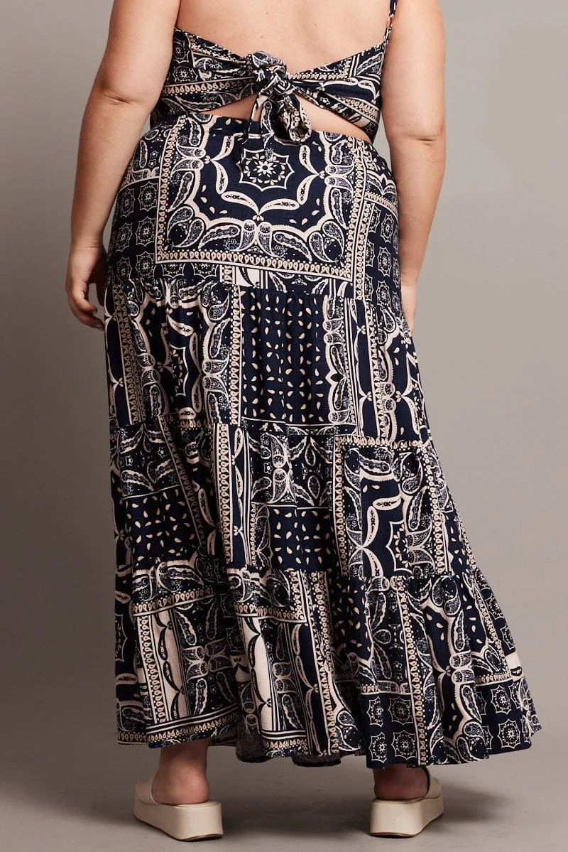 Blue Abstract Tiered Maxi Skirt Laser cut All Occasion